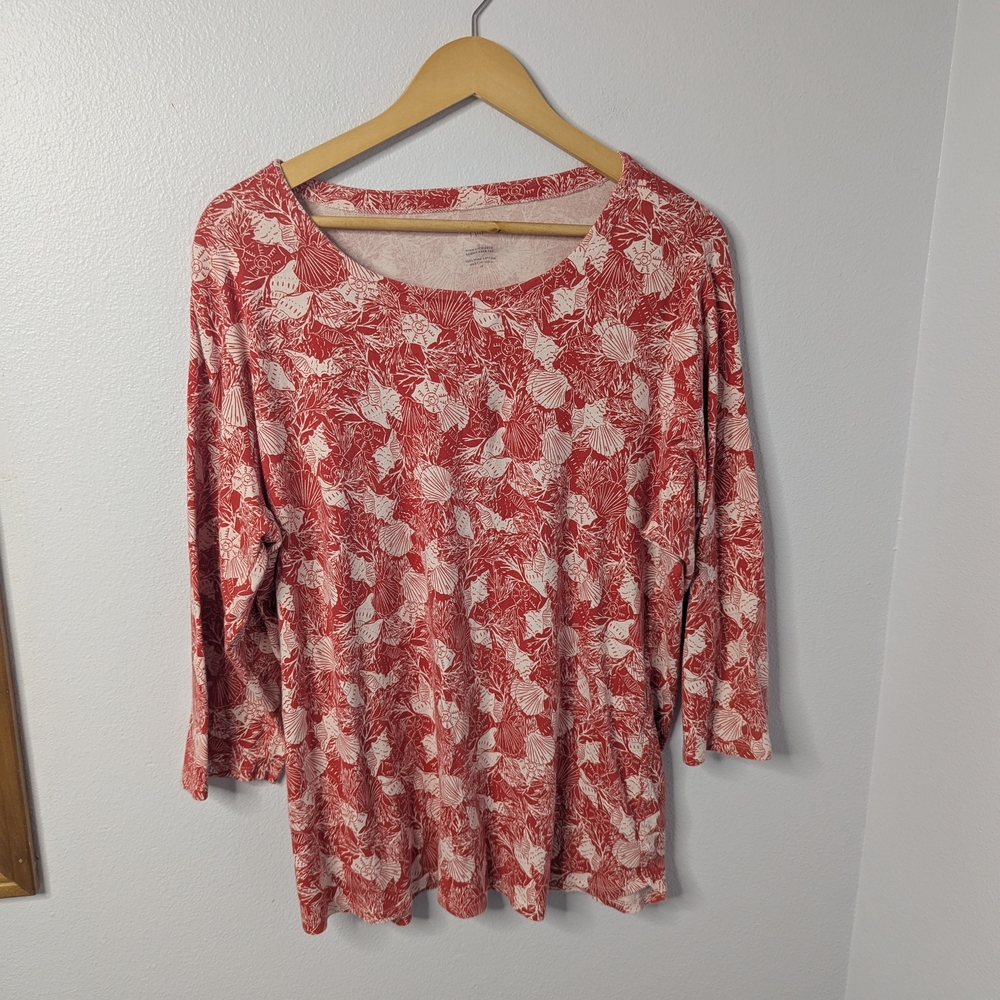 J.Jill‎ Pima Cotton 3/4 Sleeve Scoop Neck Tee Red Seashell Print 2X